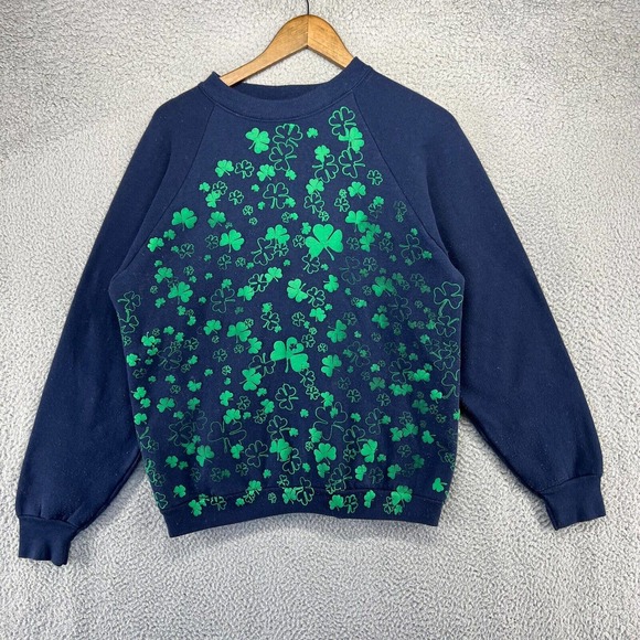 Vintage Irish Sweatshirt Men's Large Blue Green Crewneck Shamrock All Over Puff - Picture 1 of 15
